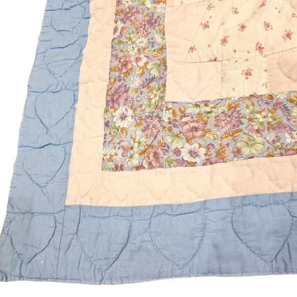 Vintage Baby Quilt Blanket Floppy Bunny Ears Hearts Blue Cream Pink Floral 44x50 - Picture 7 of 13